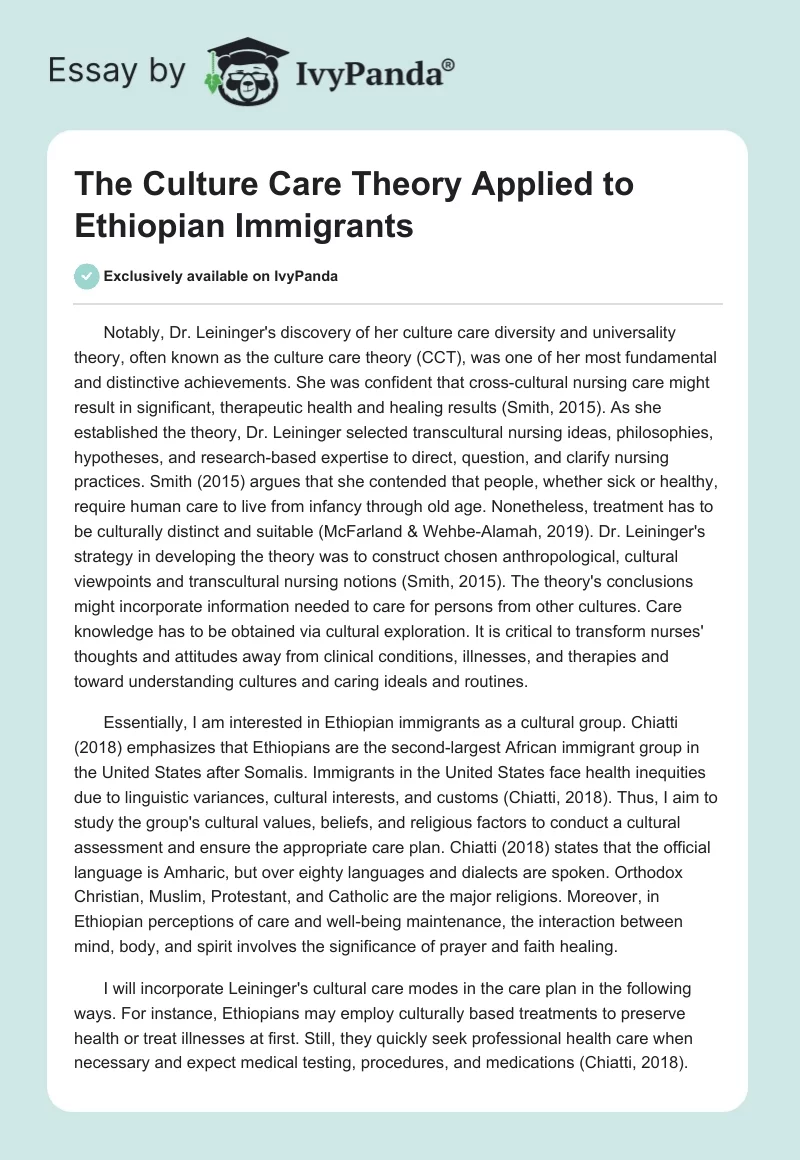 The Culture Care Theory Applied to Ethiopian Immigrants. Page 1