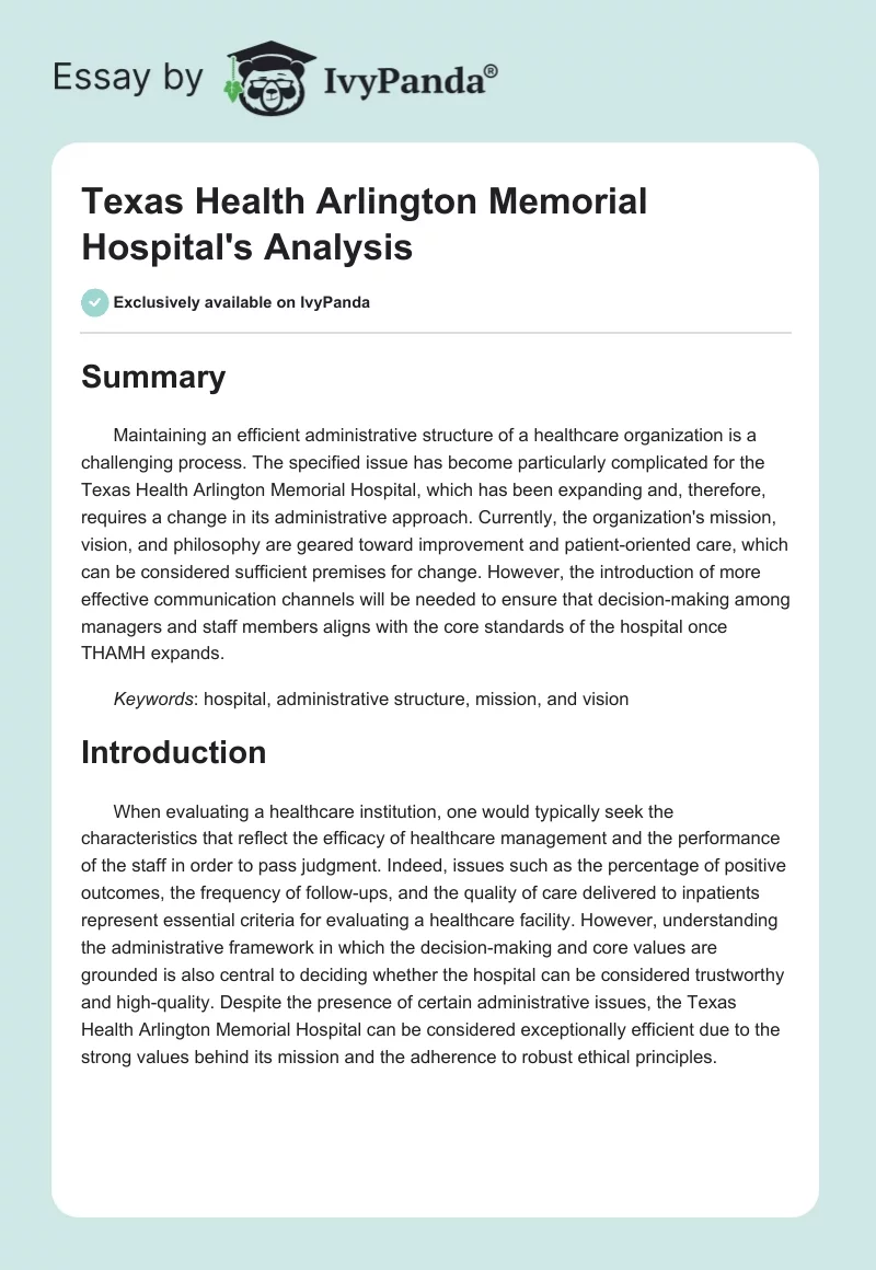 Texas Health Arlington Memorial Hospital's Analysis. Page 1