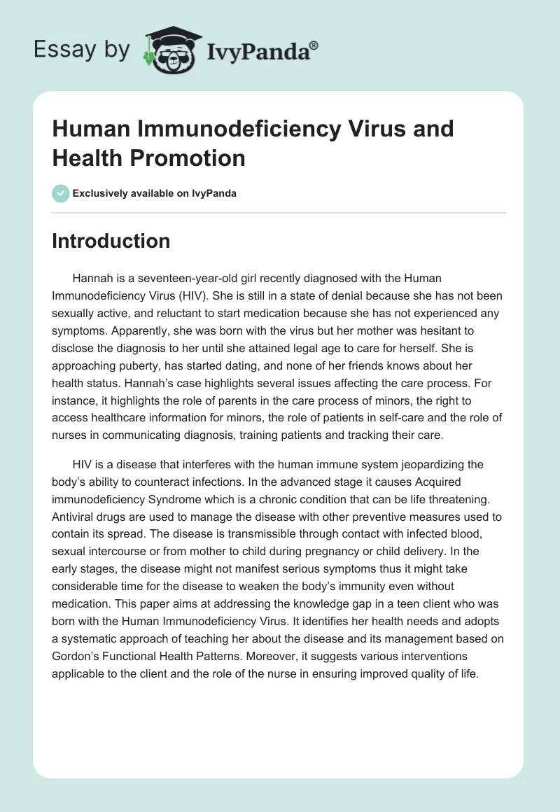 Human Immunodeficiency Virus and Health Promotion. Page 1