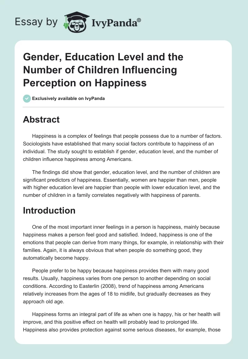 Gender, Education Level and the Number of Children Influencing Perception on Happiness. Page 1