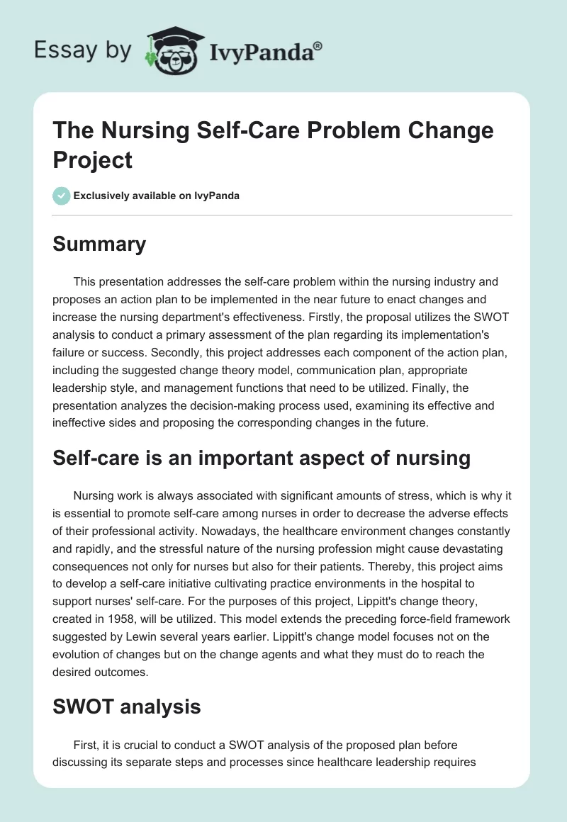 The Nursing Self-Care Problem Change Project. Page 1