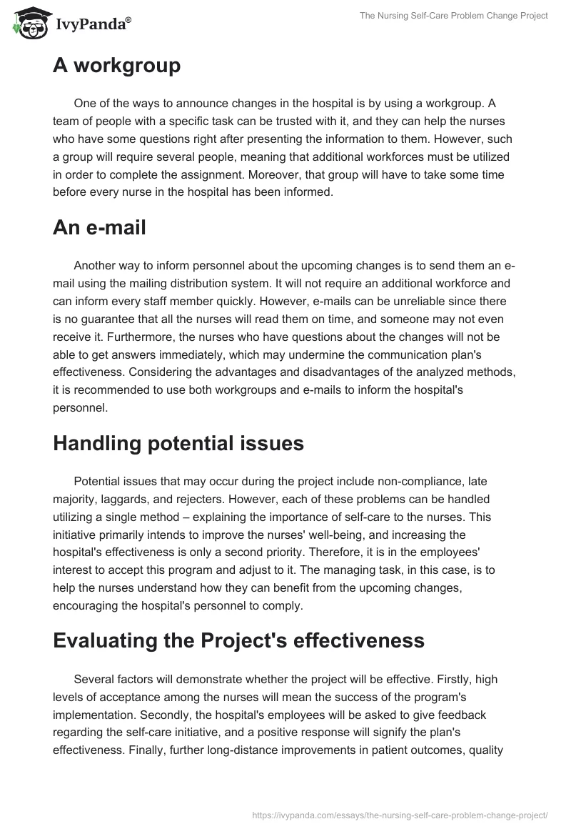 The Nursing Self-Care Problem Change Project. Page 5