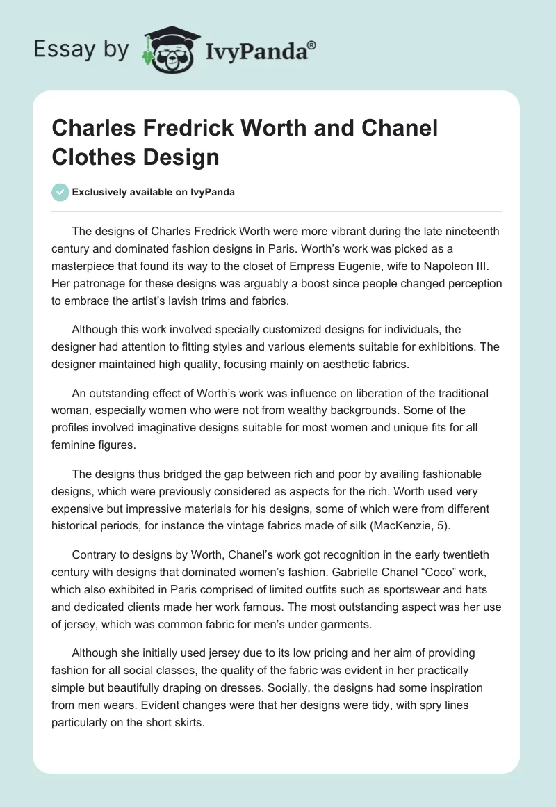 Charles Fredrick Worth and Chanel Clothes Design. Page 1