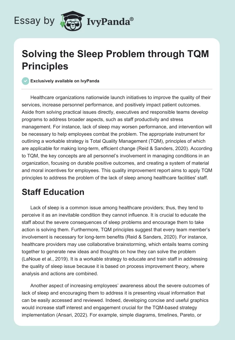 Solving the Sleep Problem through TQM Principles. Page 1