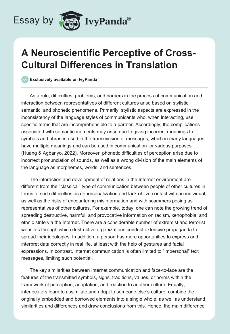 A Neuroscientific Perceptive of Cross-Cultural Differences in Translation. Page 1