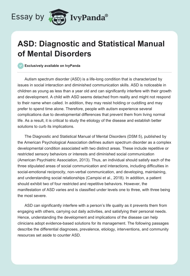 ASD: Diagnostic and Statistical Manual of Mental Disorders. Page 1
