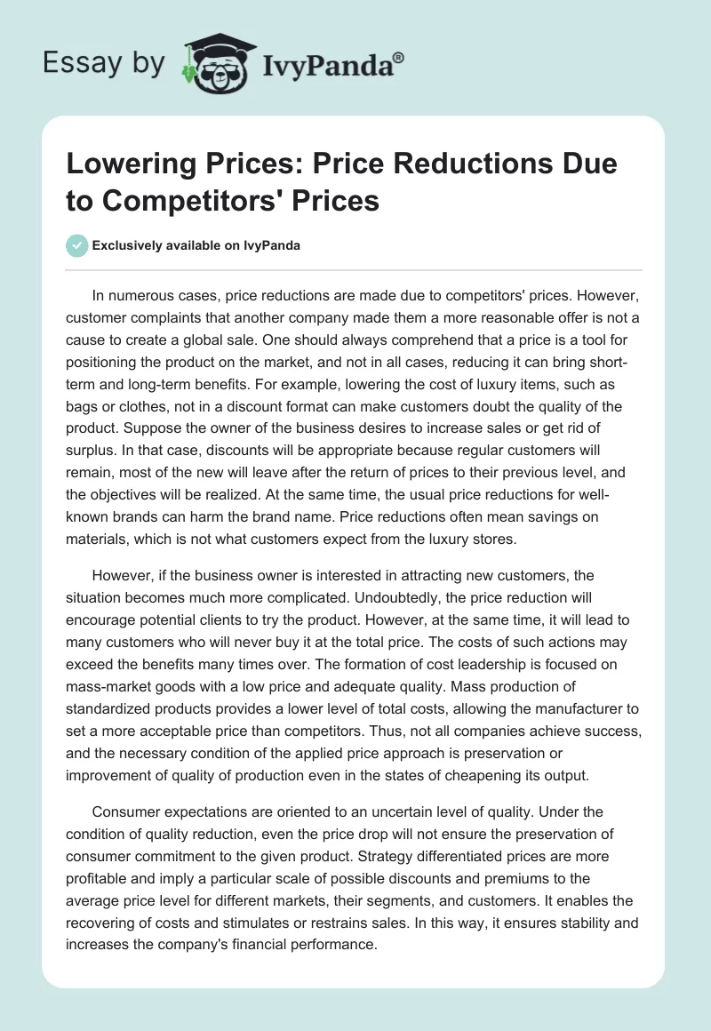 Lowering Prices: Price Reductions Due to Competitors' Prices. Page 1