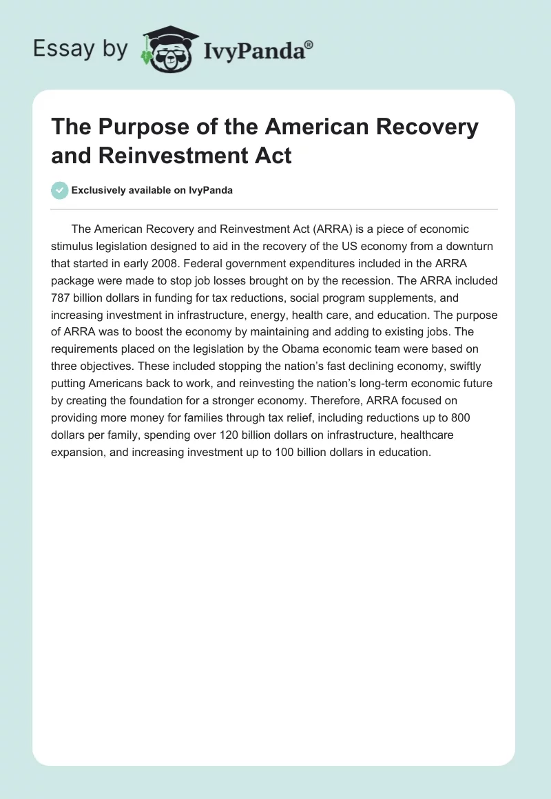 The Purpose of the American Recovery and Reinvestment Act. Page 1