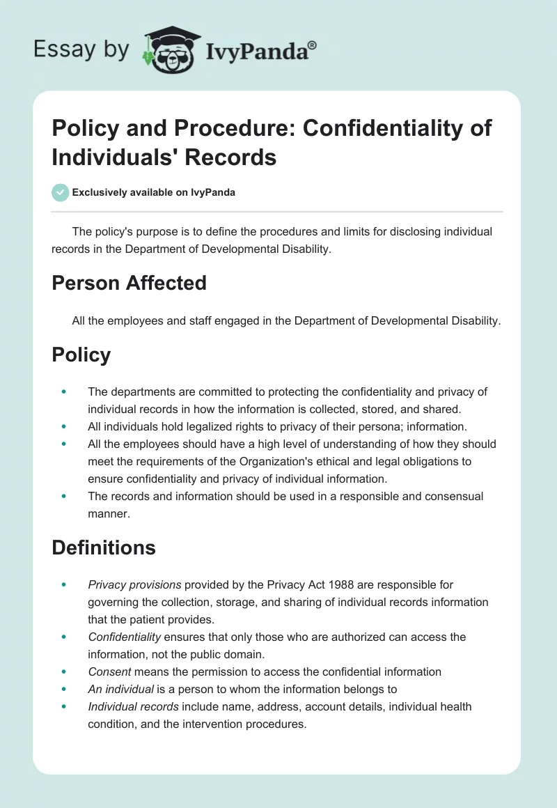 Policy and Procedure: Confidentiality of Individuals' Records. Page 1