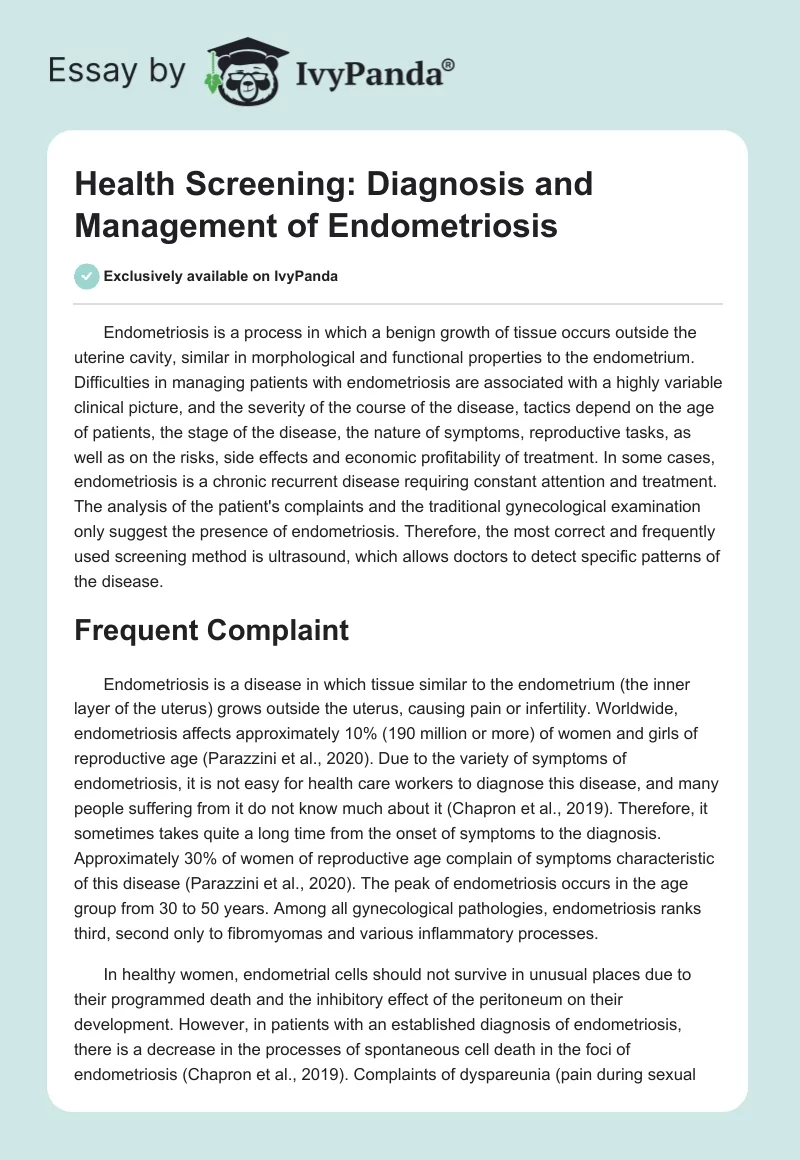 Health Screening: Diagnosis and Management of Endometriosis. Page 1