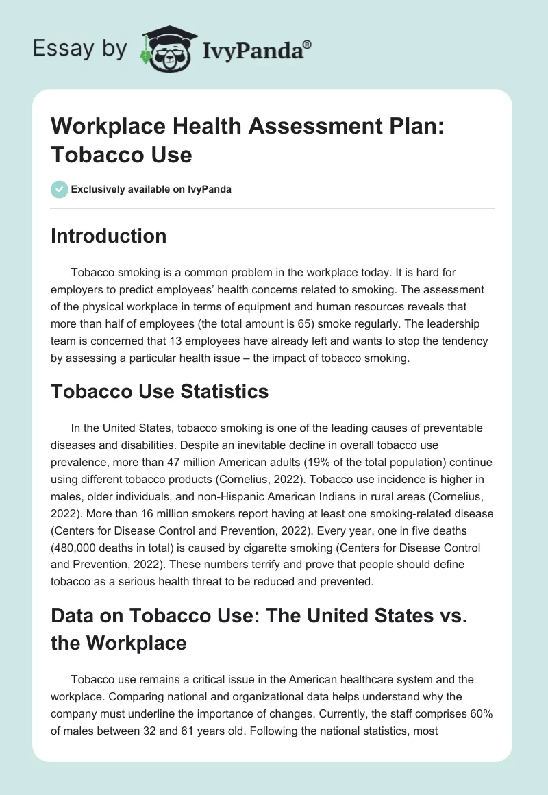 Workplace Health Assessment Plan: Tobacco Use. Page 1