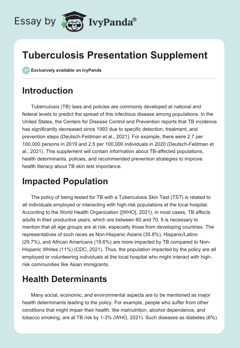 Tuberculosis Presentation Supplement. Page 1