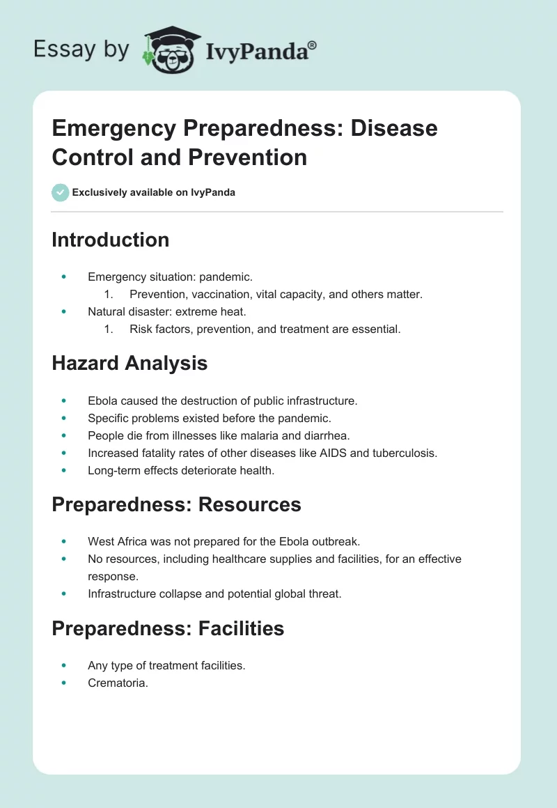 Emergency Preparedness: Disease Control and Prevention. Page 1