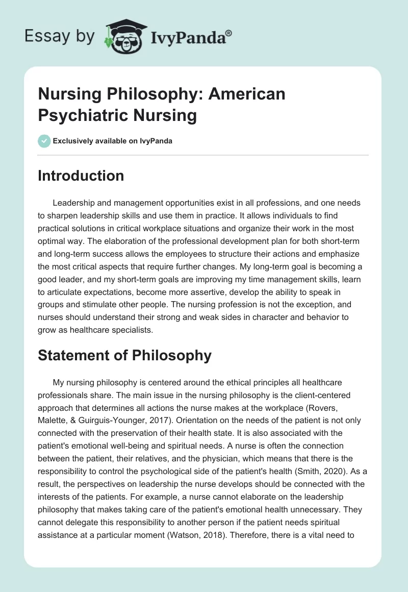 Nursing Philosophy: American Psychiatric Nursing. Page 1