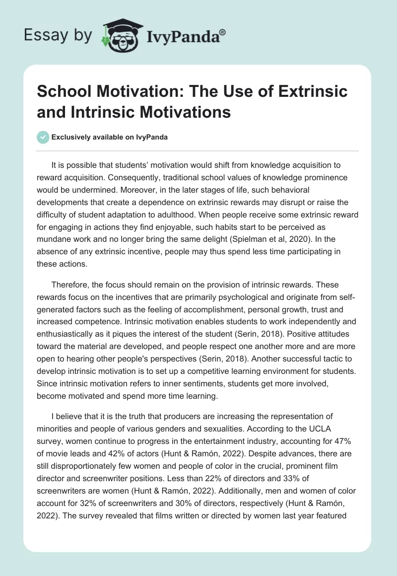 School Motivation: The Use of Extrinsic and Intrinsic Motivations. Page 1
