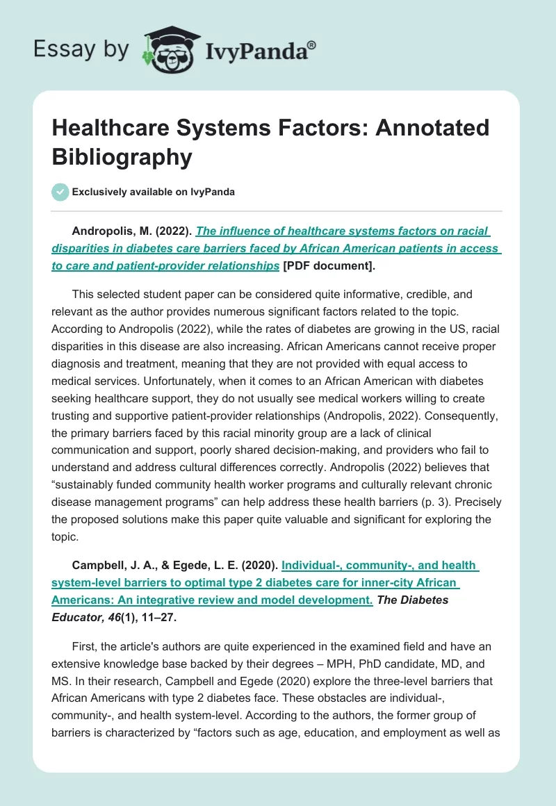 Healthcare Systems Factors: Annotated Bibliography. Page 1