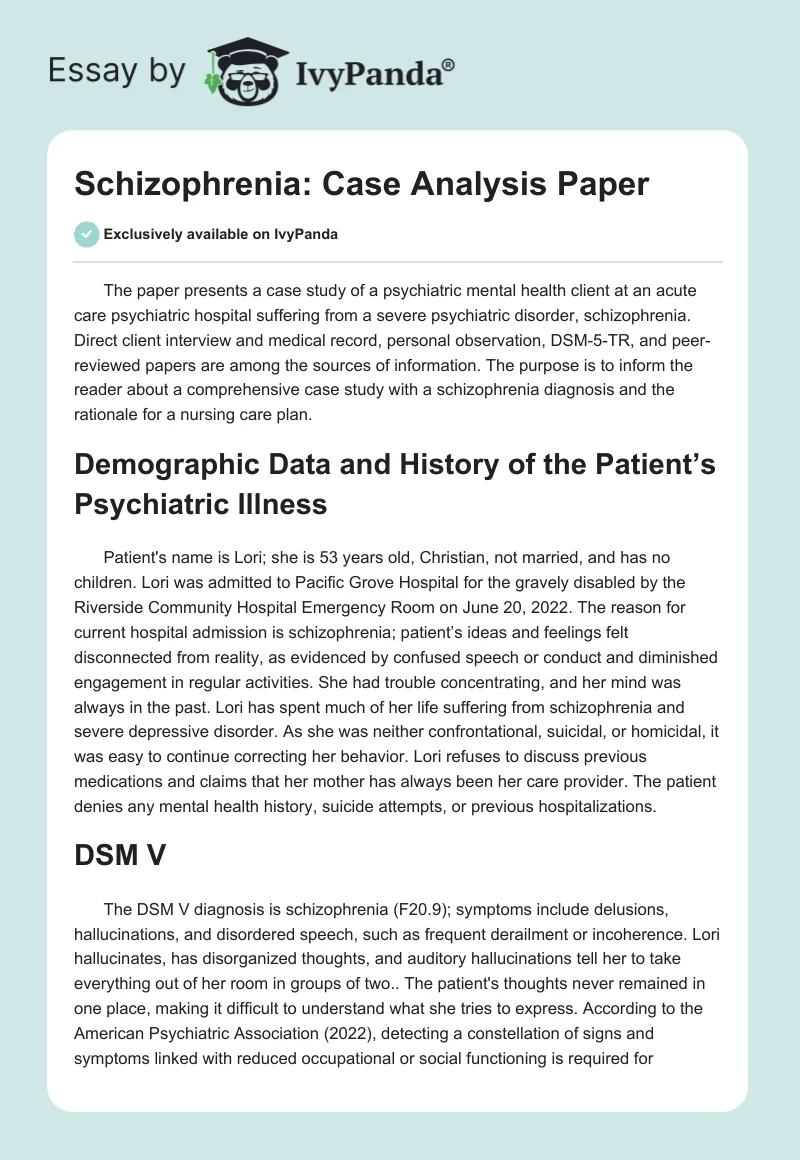 Schizophrenia: Case Analysis Paper. Page 1