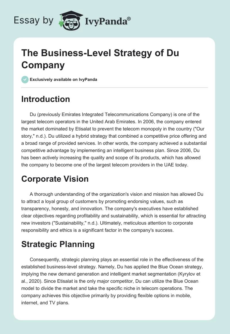 The Business-Level Strategy of Du Company. Page 1