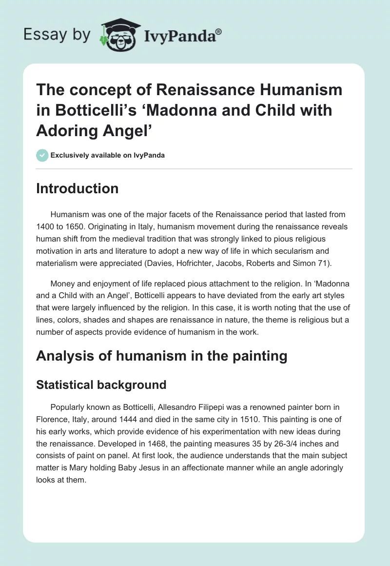 The concept of Renaissance Humanism in Botticelli’s ‘Madonna and Child with Adoring Angel’. Page 1