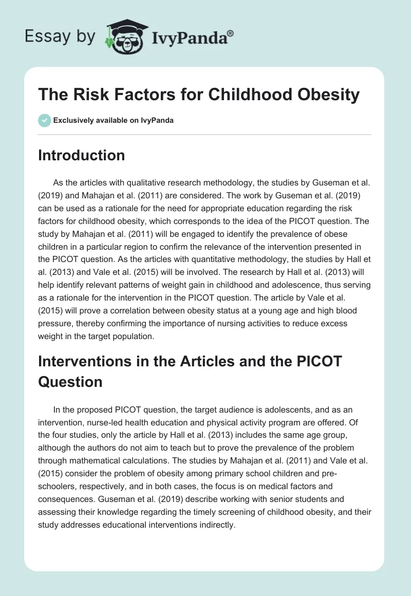 The Risk Factors for Childhood Obesity. Page 1