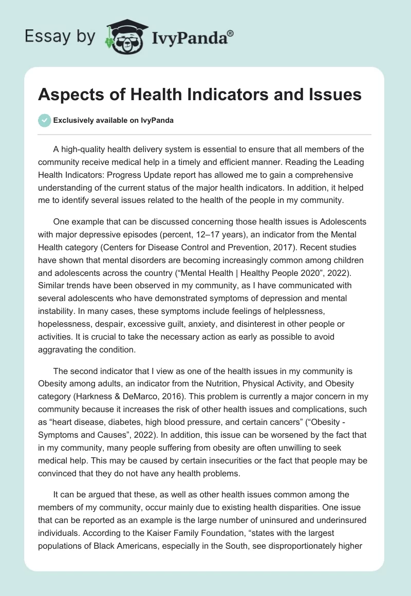 Aspects of Health Indicators and Issues. Page 1