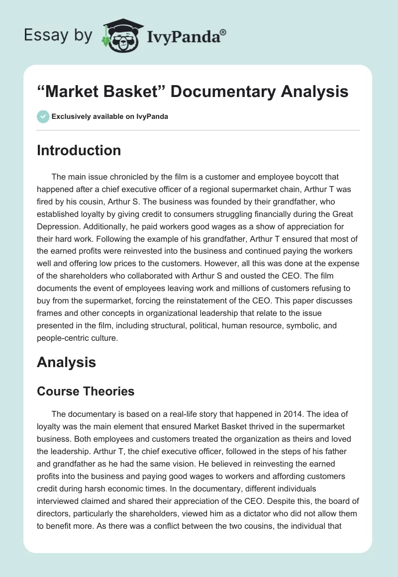“Market Basket” Documentary Analysis. Page 1