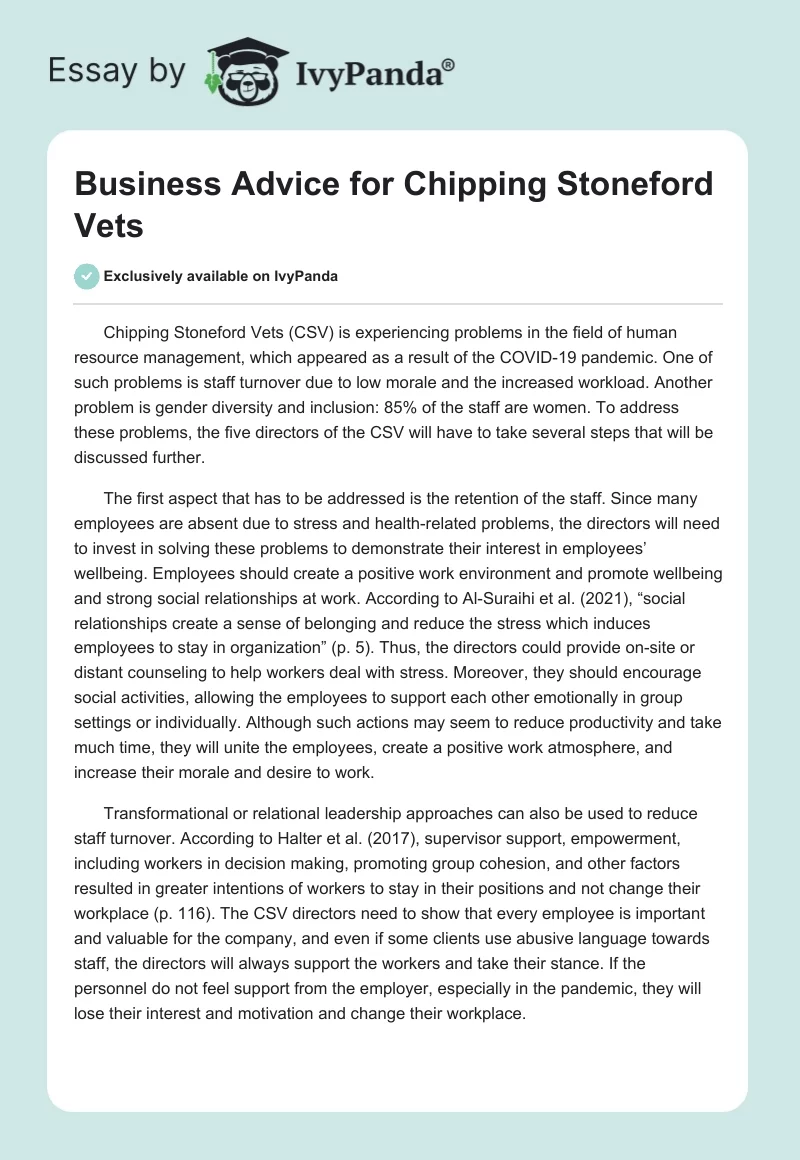 Business Advice for Chipping Stoneford Vets. Page 1