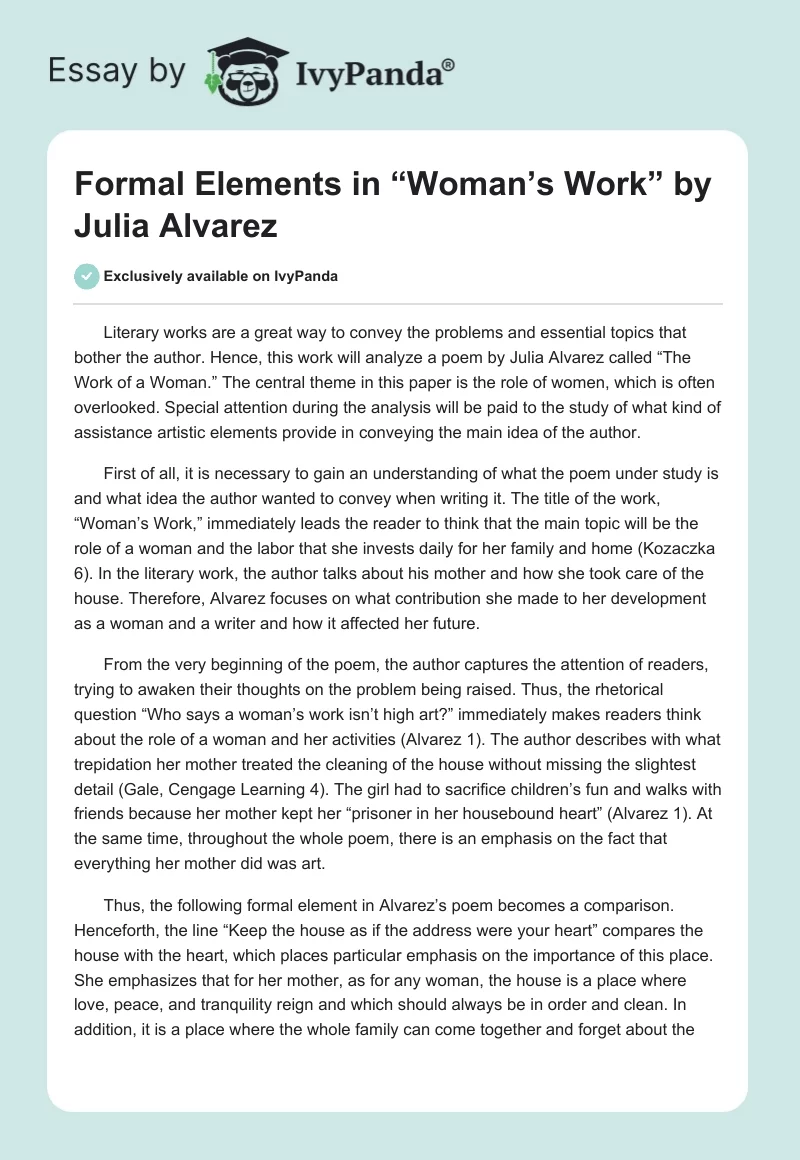 Formal Elements in “Woman’s Work” by Julia Alvarez. Page 1