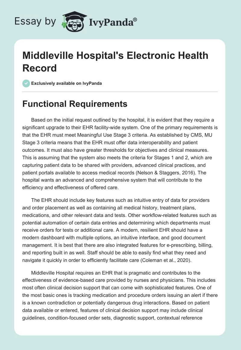 Middleville Hospital's Electronic Health Record. Page 1