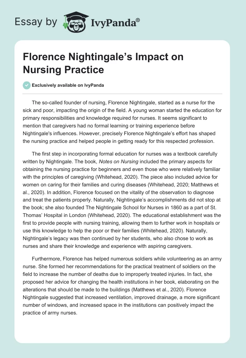 Florence Nightingale’s Impact on Nursing Practice. Page 1
