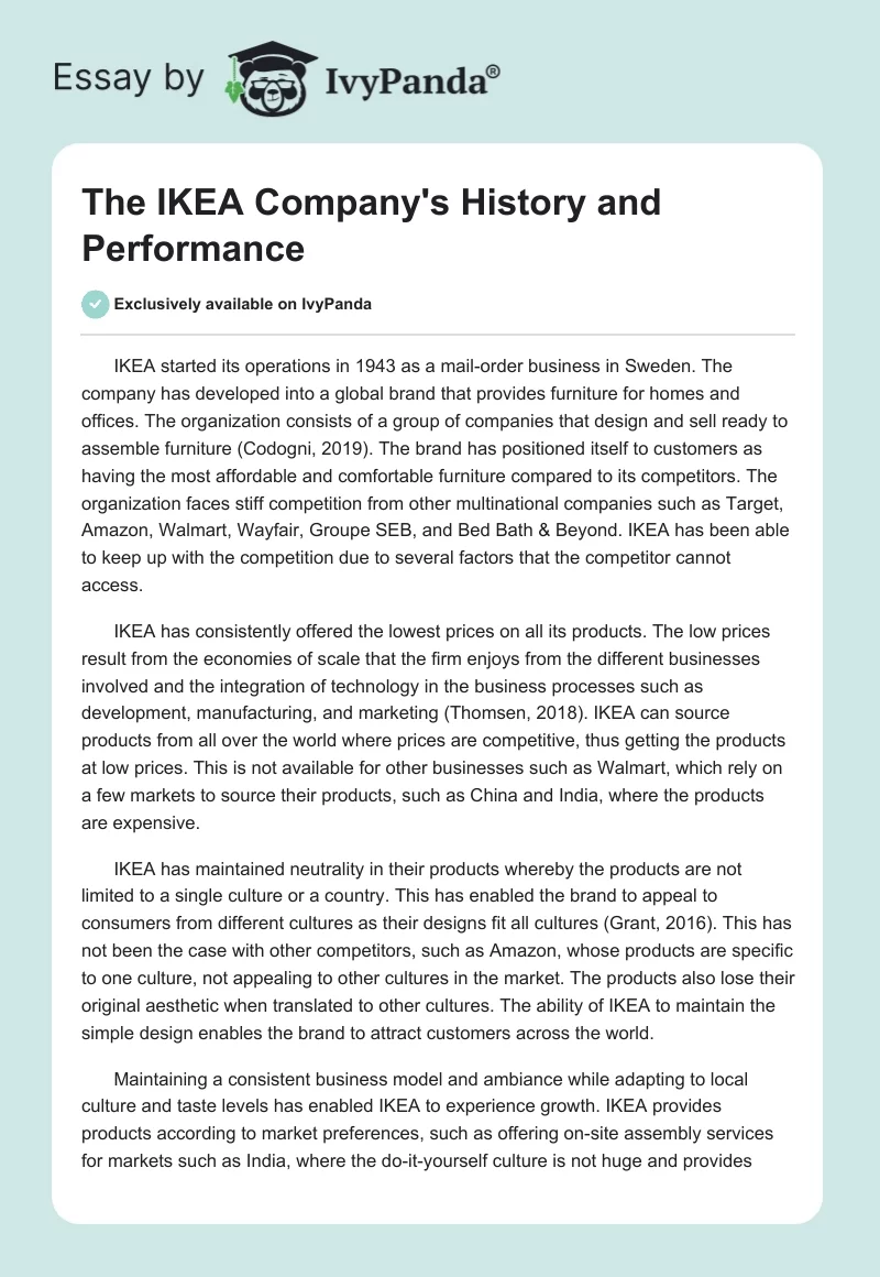 The IKEA Company's History and Performance. Page 1