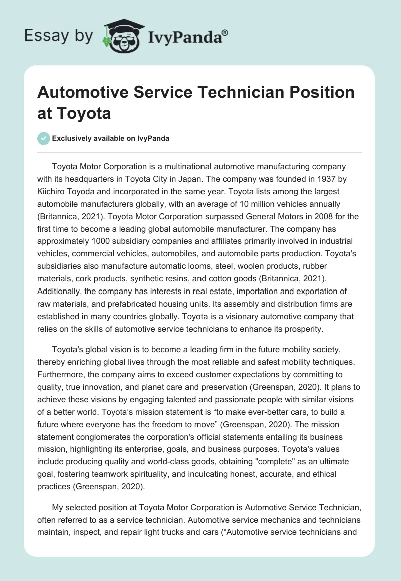 Automotive Service Technician Position at Toyota. Page 1