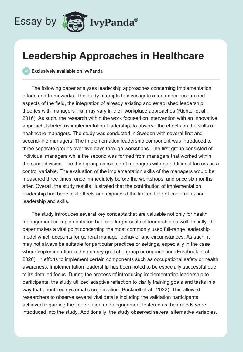 Leadership Approaches in Healthcare. Page 1