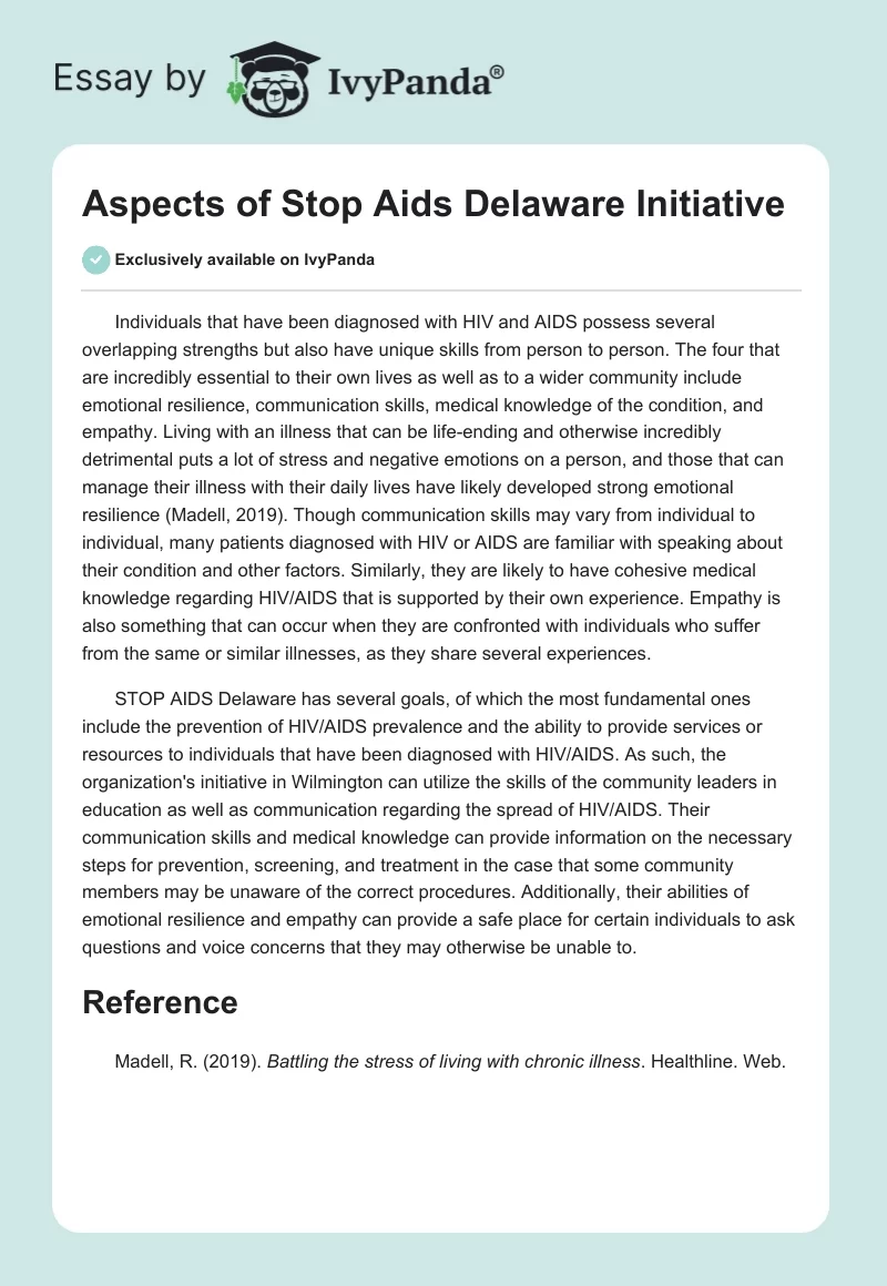 Aspects of Stop AIDS Delaware Initiative. Page 1