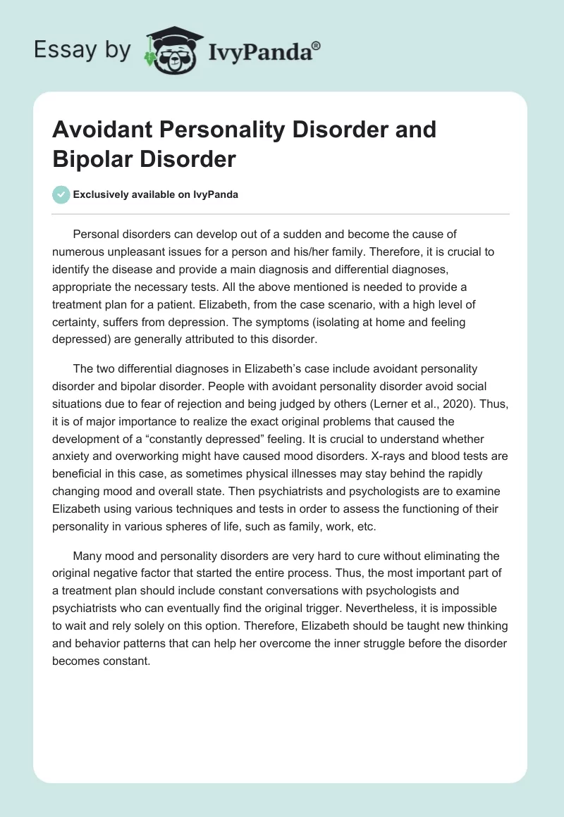 Avoidant Personality Disorder and Bipolar Disorder. Page 1