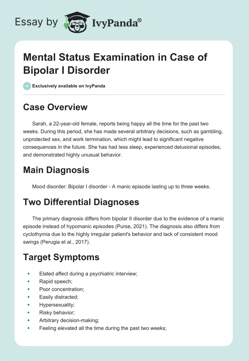 Mental Status Examination in Case of Bipolar I Disorder. Page 1