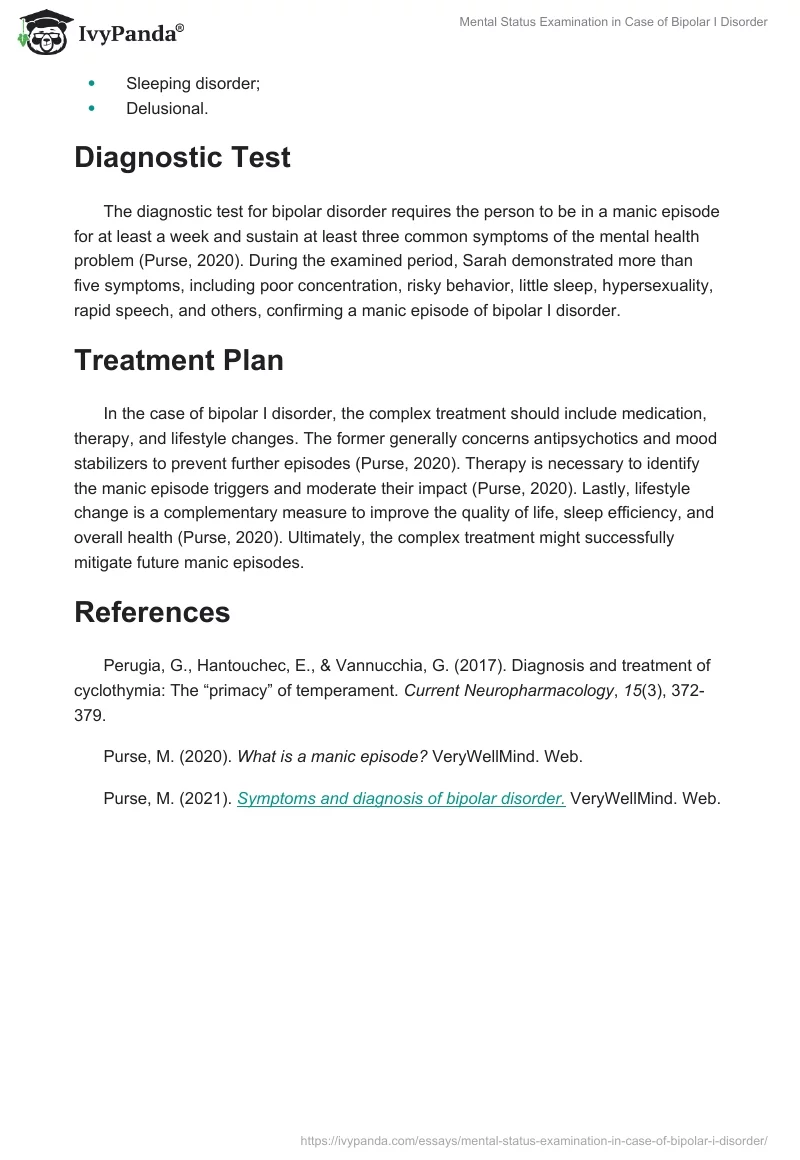 Mental Status Examination in Case of Bipolar I Disorder. Page 2