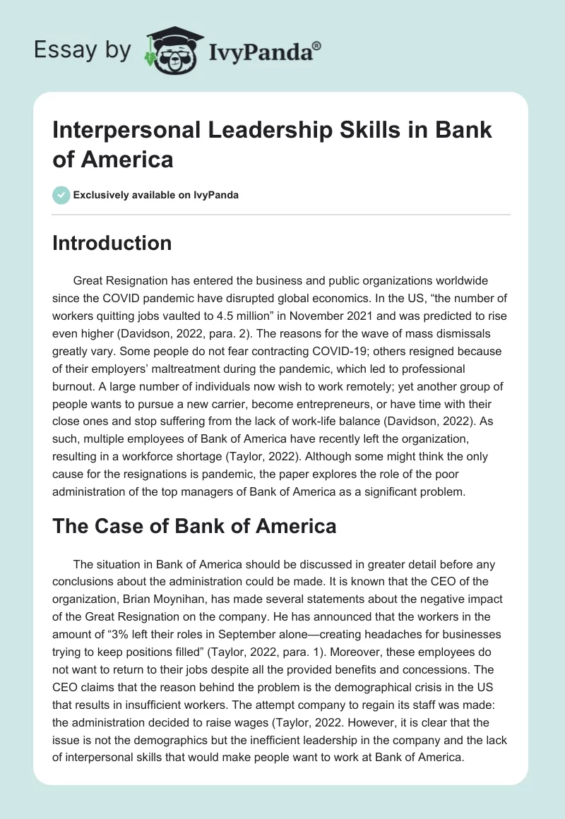 Interpersonal Leadership Skills in Bank of America. Page 1