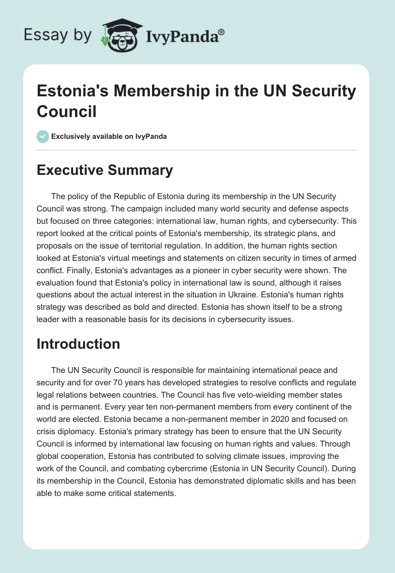 Estonia's Membership in the UN Security Council. Page 1