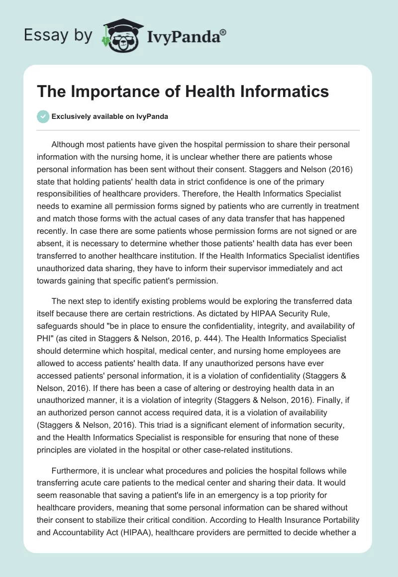 The Importance of Health Informatics. Page 1