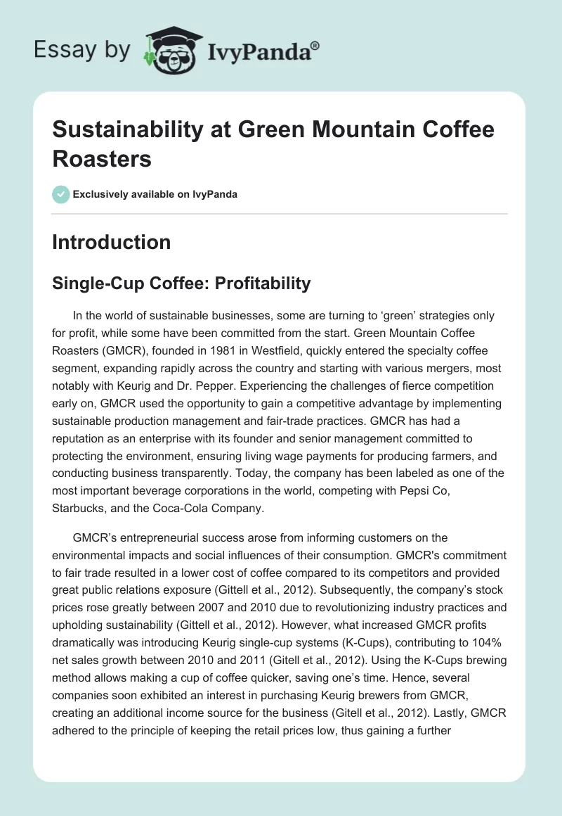 Sustainability at Green Mountain Coffee Roasters. Page 1