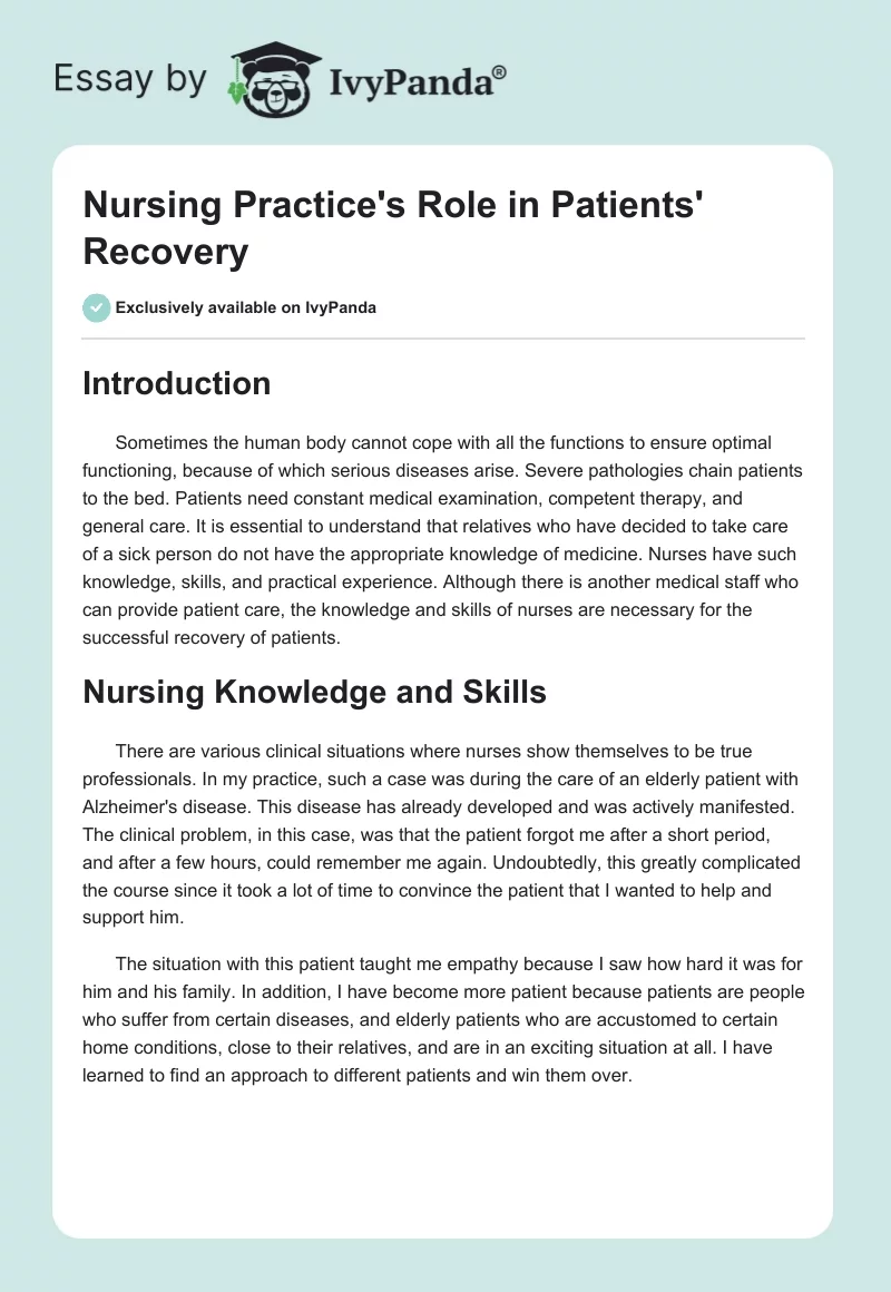 Nursing Practice's Role in Patients' Recovery. Page 1