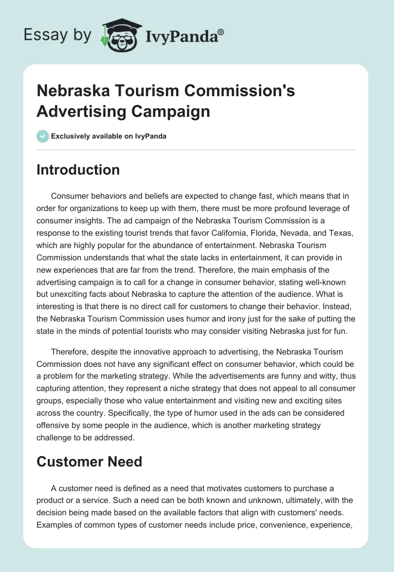 Nebraska Tourism Commission's Advertising Campaign. Page 1