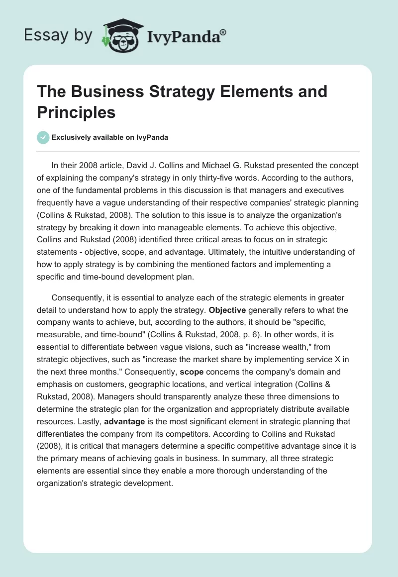 The Business Strategy Elements and Principles. Page 1
