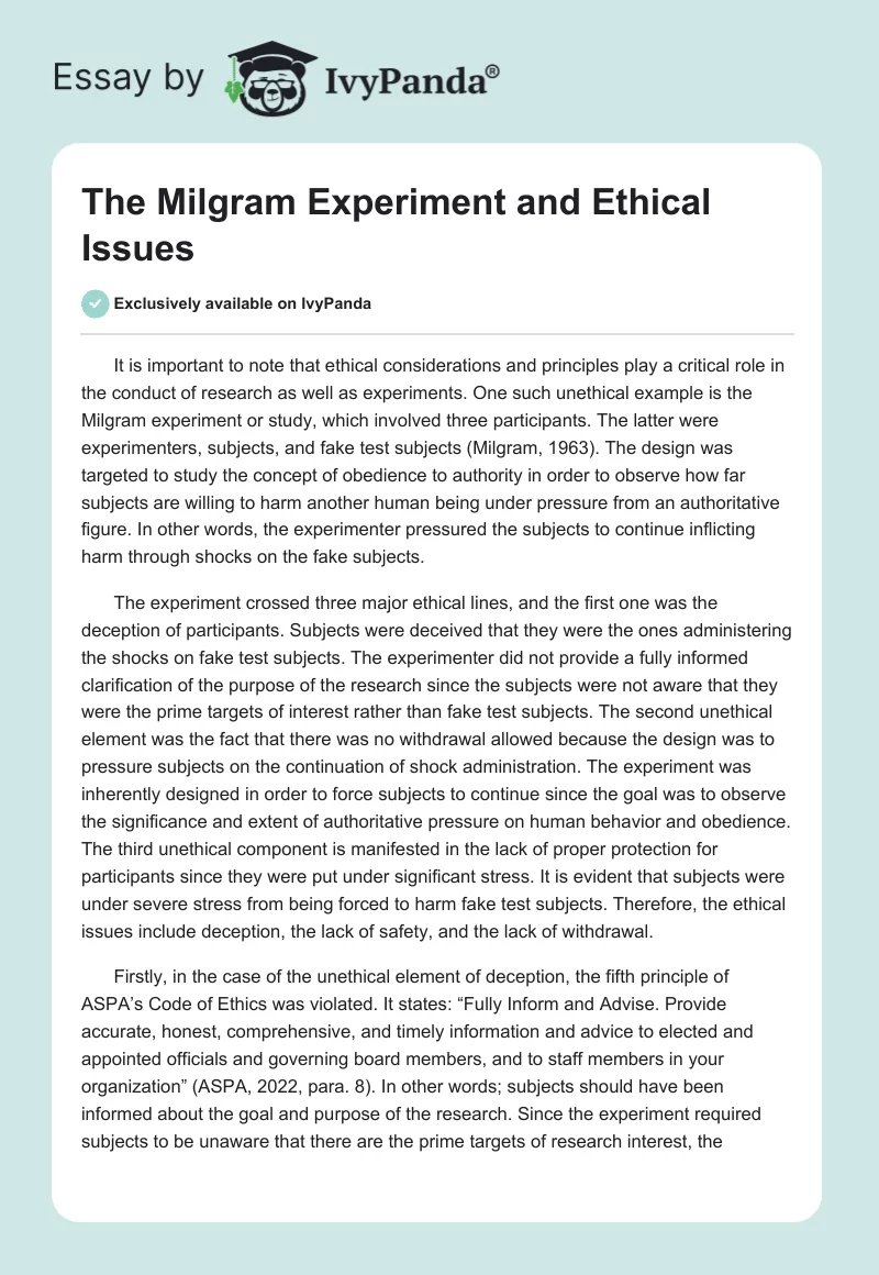 The Milgram Experiment and Ethical Issues. Page 1
