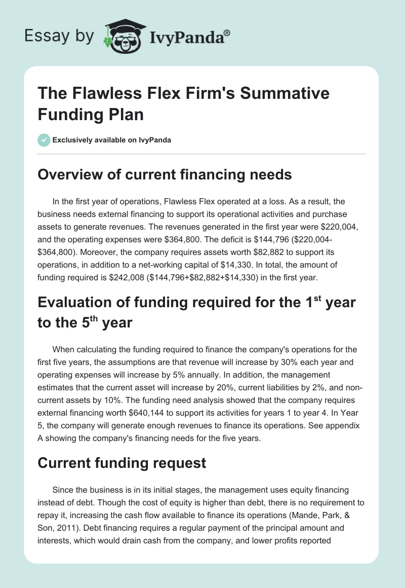 The Flawless Flex Firm's Summative Funding Plan. Page 1