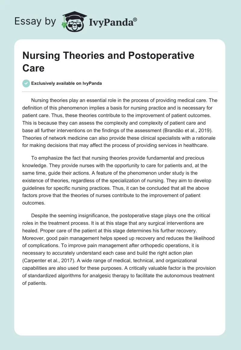 Nursing Theories and Postoperative Care. Page 1