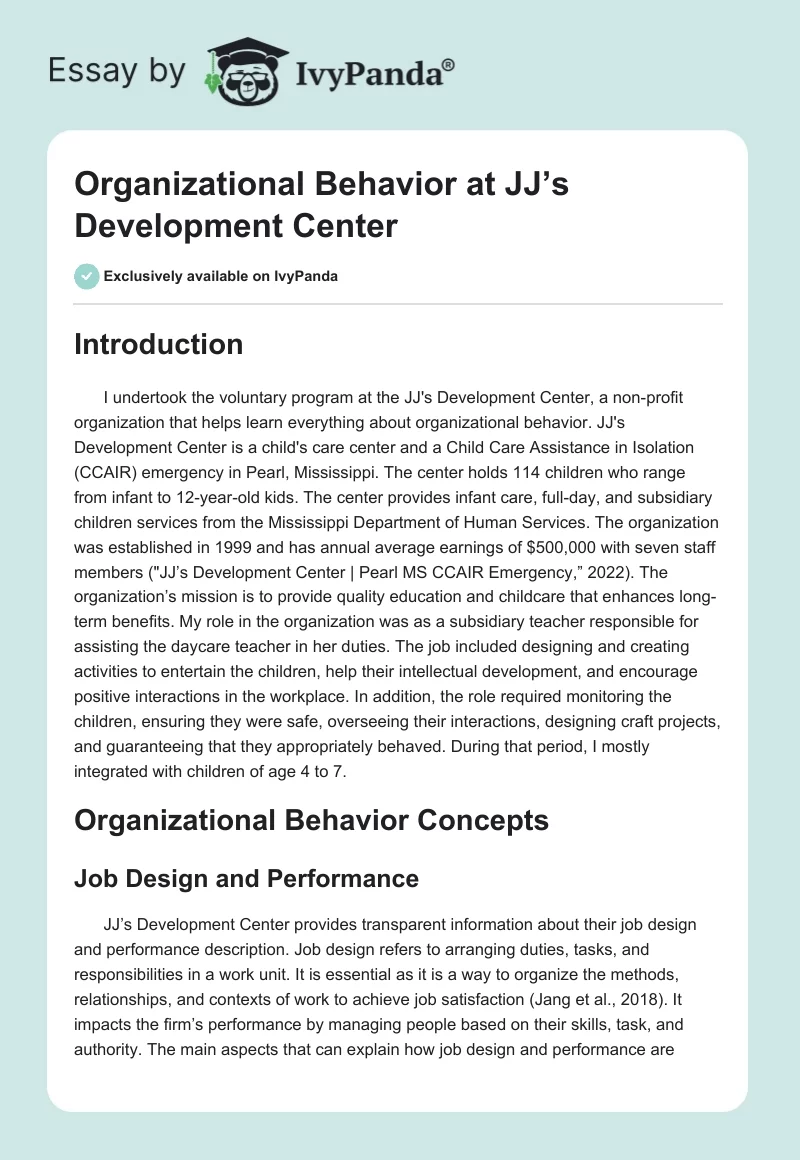 Organizational Behavior at JJ’s Development Center. Page 1