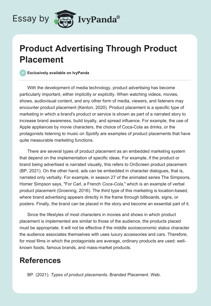 Product Advertising Through Product Placement. Page 1