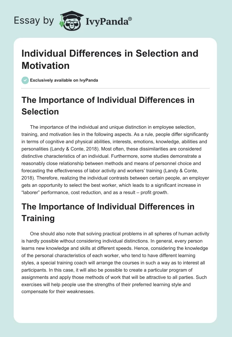 Individual Differences in Selection and Motivation. Page 1